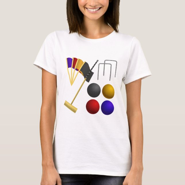 Croquet Equipment Set Mallet Balls Hoops T-Shirt (Front)
