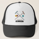 Croquet Set, Lawn Games Graphic Personalized Trucker Hat<br><div class="desc">Keep the sun out of your eyes the next time you're playing a game of croquet with this personalized hat. It features illustrations of croquet set piece like croquet mallets and balls with a spot to add a name or other text in bold black lettering below the graphic.</div>