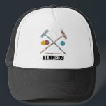 Croquet Set, Lawn Games Graphic Personalized Trucker Hat<br><div class="desc">Keep the sun out of your eyes the next time you're playing a game of croquet with this personalized hat. It features illustrations of croquet set piece like croquet mallets and balls with a spot to add a name or other text in bold black lettering below the graphic.</div>