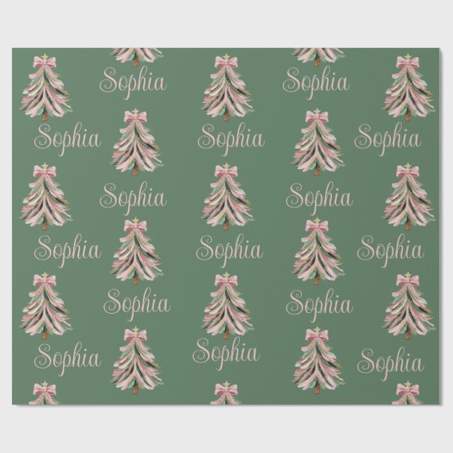 Croquette Bow Christmas Tree Personalized Name Wrapping Paper (Flat)