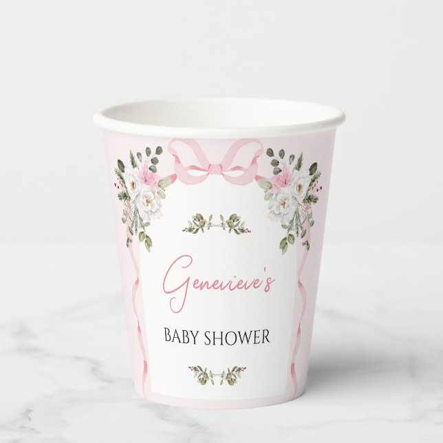 Croquette Pink Bow Floral Baby Shower  Paper Cups (Front)