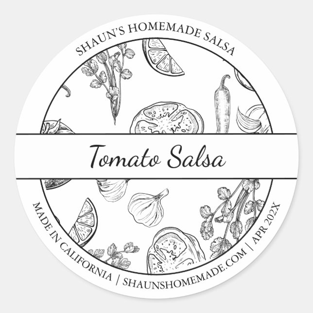 Croquis noir et blanc Étiquette de salsa tomate (Devant)