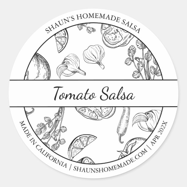 Croquis noir et blanc étiquette de salsa tomate (Devant)