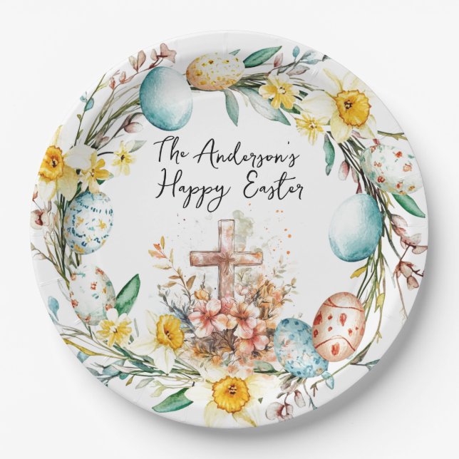 Cross and floral Easter Paper Plate (Front)