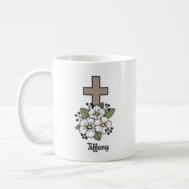 Cross and Flowers Personalized  Coffee Mug (Left)