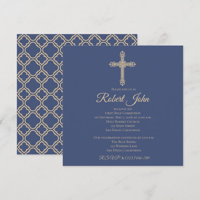 Cross and Quatrefoil First Communion Invitation (Front/Back)