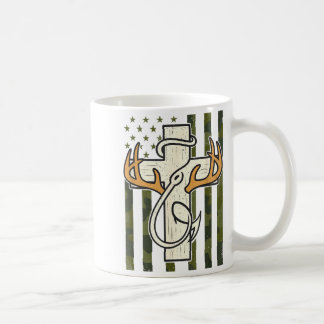 Cross Antlers Fishing Hook Camo Flag Christian Hun Coffee Mug