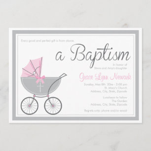 Cross Baby Carriage Pink Girl Baptism Invitation