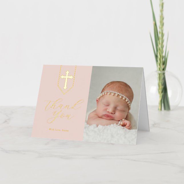 Cross Banner Script Religious Thank You Photo Pink Foil Greeting Card (Front)
