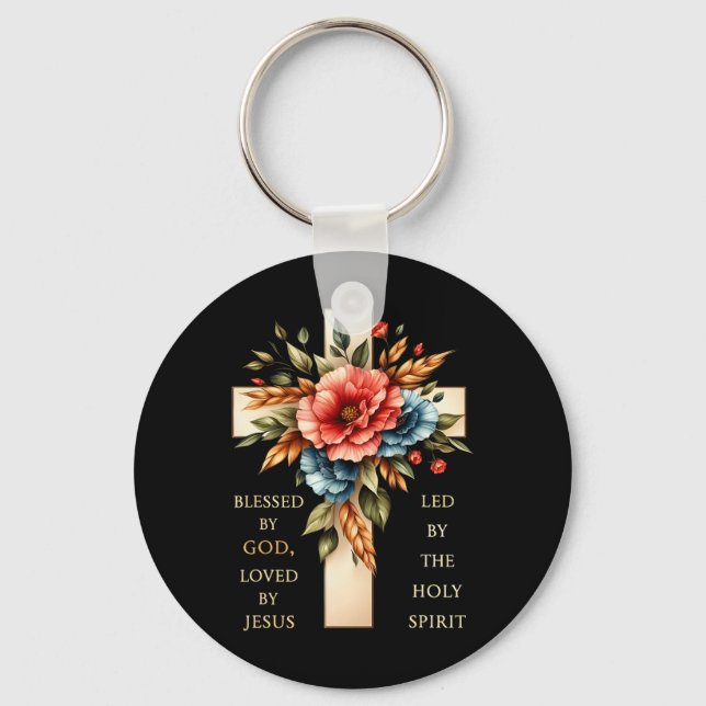 Cross Blessed Blessed By God Loved By Jesus Funny  Keychain (Front)