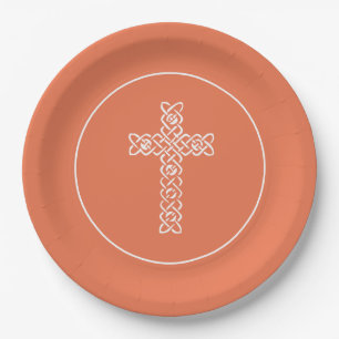 Cross   Bright Peach Communion Baptism Christening Paper Plate