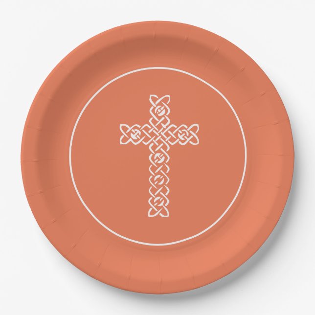 Cross | Bright Peach Communion Baptism Christening Paper Plate (Front)
