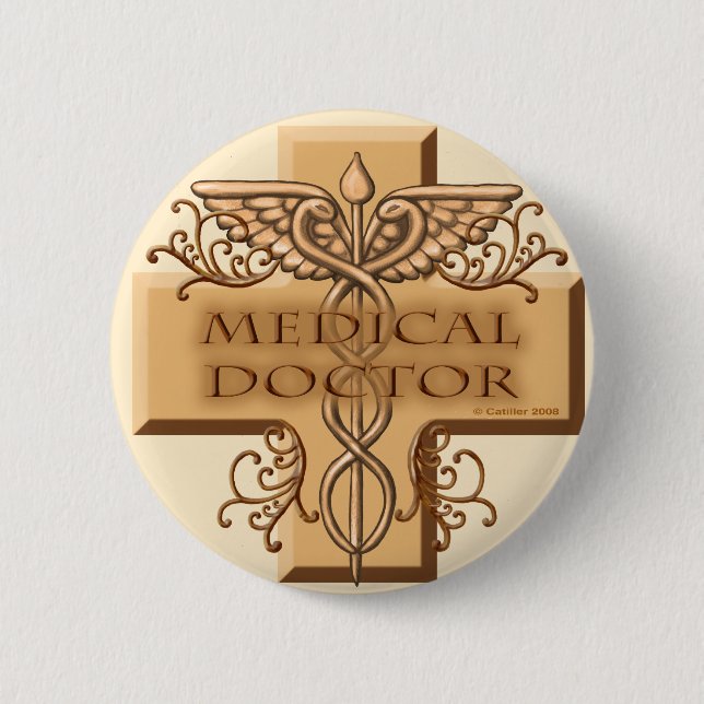 Cross caduceus doctor  2 inch round button (Front)