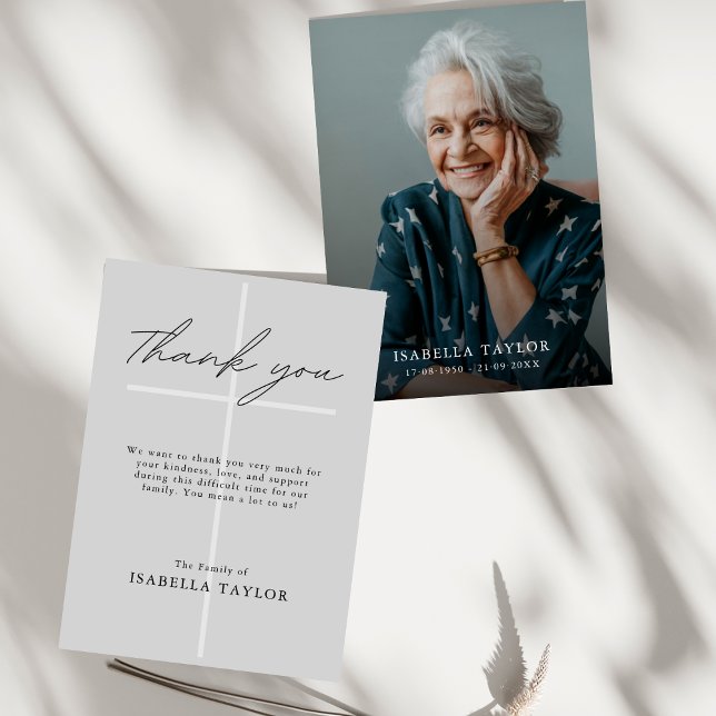 Cross Catholic Memorial Photo Grey Thank You Card (Creator Uploaded)