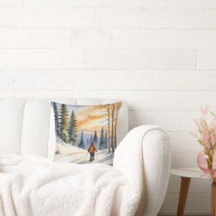 Cross Country Skier In Winter Woods Throw Pillow