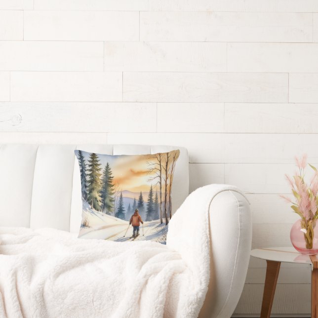 Cross Country Skier In Winter Woods Throw Pillow (Couch)
