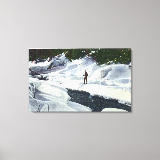 Cross-Country Skier Pauses by Mountain Brook Canvas Print (Front)