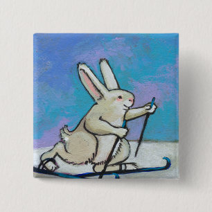 Cross Country Skiing rabbit fun cute winter art 2 Inch Square Button