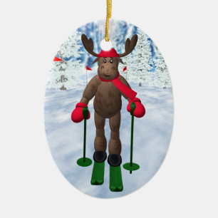 Cross-Country Skiing Whimsical Reindeer Ceramic Ornament