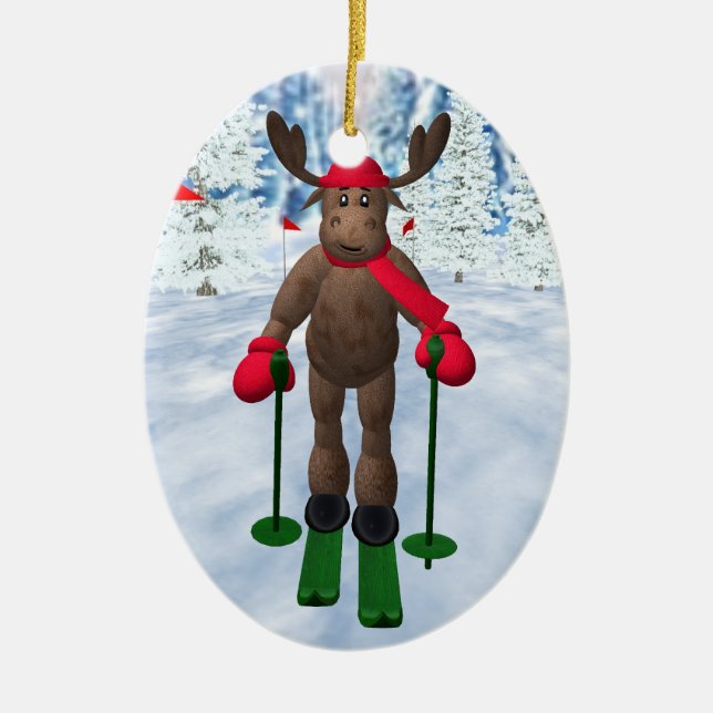 Cross-Country Skiing Whimsical Reindeer Ceramic Ornament (Front)