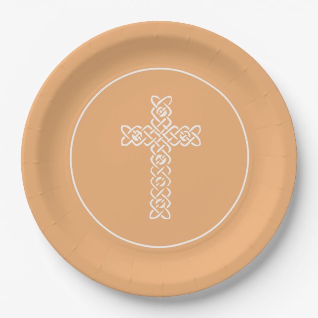 Cross | Deep Peach Communion Baptism Christening Paper Plate (Front)