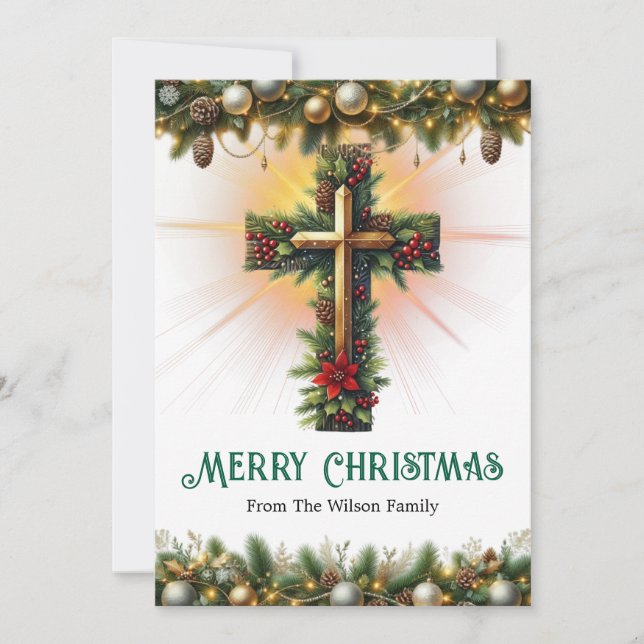 Cross Draped in Christmas Garland, Greeting Cards (Front)