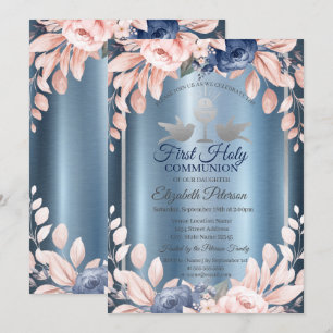 Cross Flowers First Blue Metallic Holy Communion Invitation