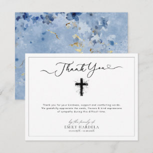 Cross Golden Blue Floral Funeral Thank You Card