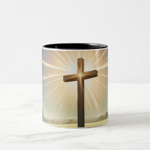 Cross in a Field, Inspirational Christian Design Two-Tone Coffee Mug
