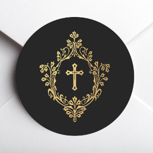 Cross in Crest Black Faux Gold Religious Christian Classic Round Sticker
