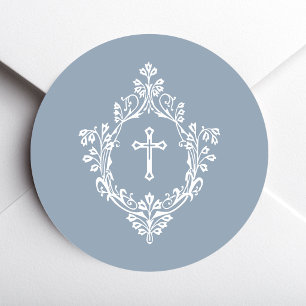 Cross in Crest Dusty Blue White Elegant Vintage Classic Round Sticker