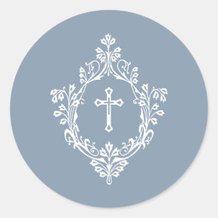 Cross in Crest Dusty Blue White Elegant Vintage Classic Round Sticker