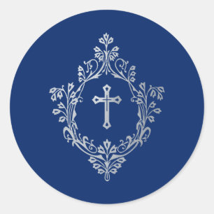 Cross in Crest Royal Blue Faux Silver  Religious  Classic Round Sticker