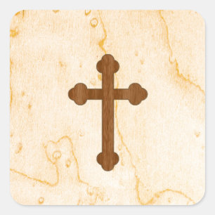 Cross in Light and Dark Wood Look Square Sticker