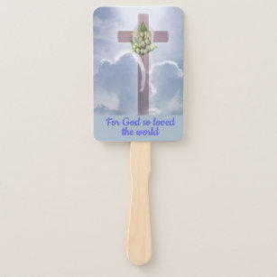 Cross in the Clouds with White Flowers, Christian Hand Fan