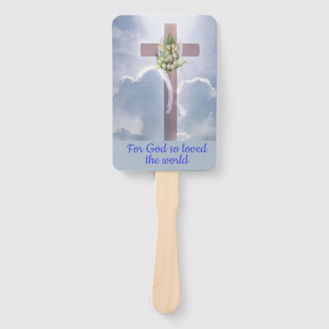 Cross in the Clouds with White Flowers, Christian Hand Fan (Front)