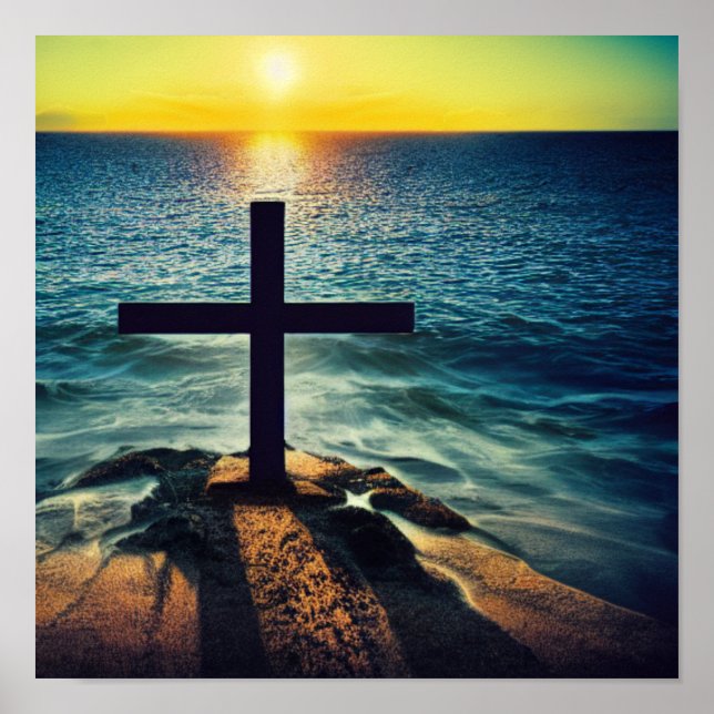 Cross in the Sand at Sunset Poster (Front)