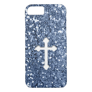 Cross in White on Blue Glitter Look iPhone 8/7 Case
