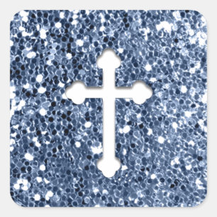 Cross in White on Blue Glitter Look Square Sticker