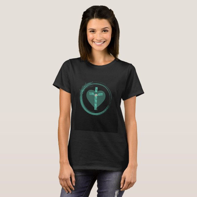 Cross Inside Circle Teal Emerald Green T-Shirt (Front Full)