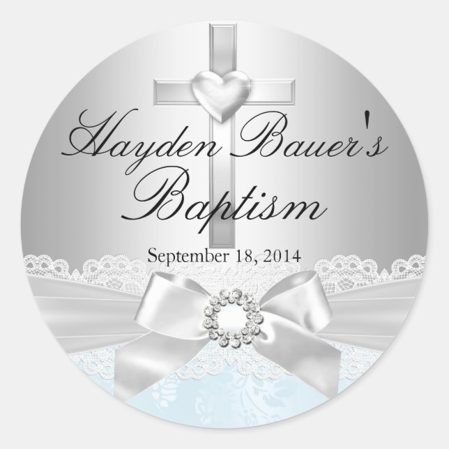 Cross & Lace Bow Blue Baptism Sticker (Front)