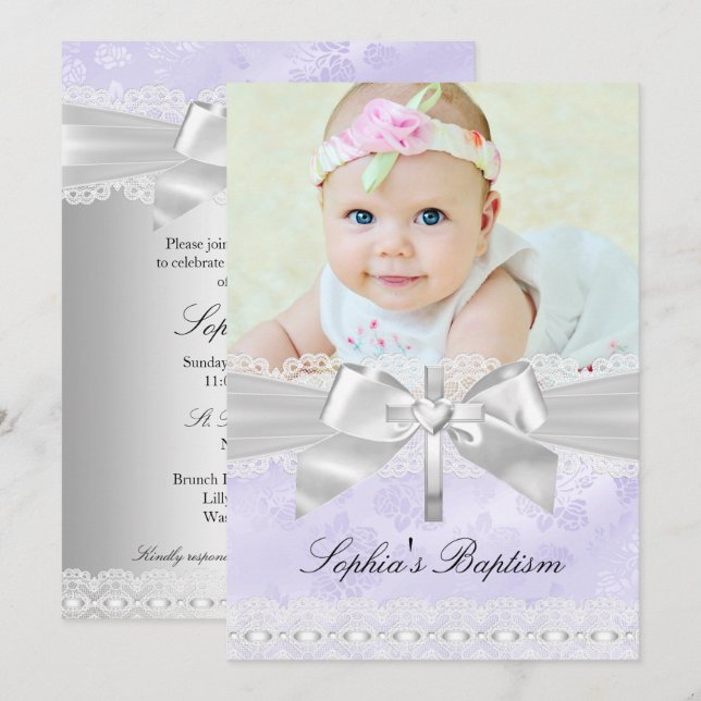 Cross Lace Bow Purple Photo Baptême Invitation (Devant / Derrière)