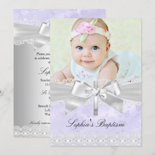 Cross Lace Bow Purple Photo Baptême Invitation