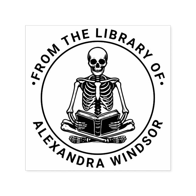 Cross Legged Skeleton Reading #3 Library Book Name Self-inking Stamp (Design)