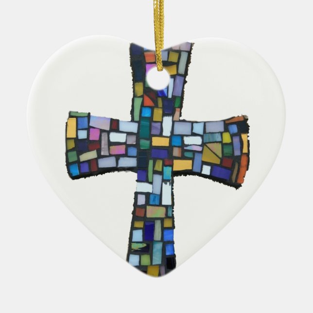 cross mosaic coloured red blue green Christian Ceramic Ornament (Front)