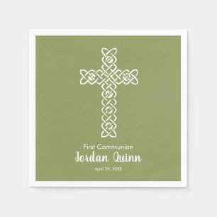 Cross Moss Green Communion Baptism Christening Napkin