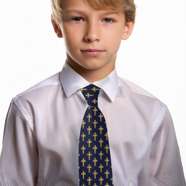 Cross Navy Blue Faux Gold Pattern First Communion  Tie (Creator Uploaded)
