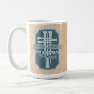 Cross of Nails on Shield Psalm 28:7 Bible Design Coffee Mug