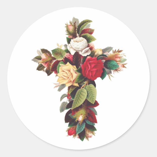 Cross of Roses Classic Round Sticker (Front)