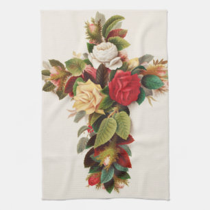 Cross of roses, Victorian era illustration Kitchen Towel